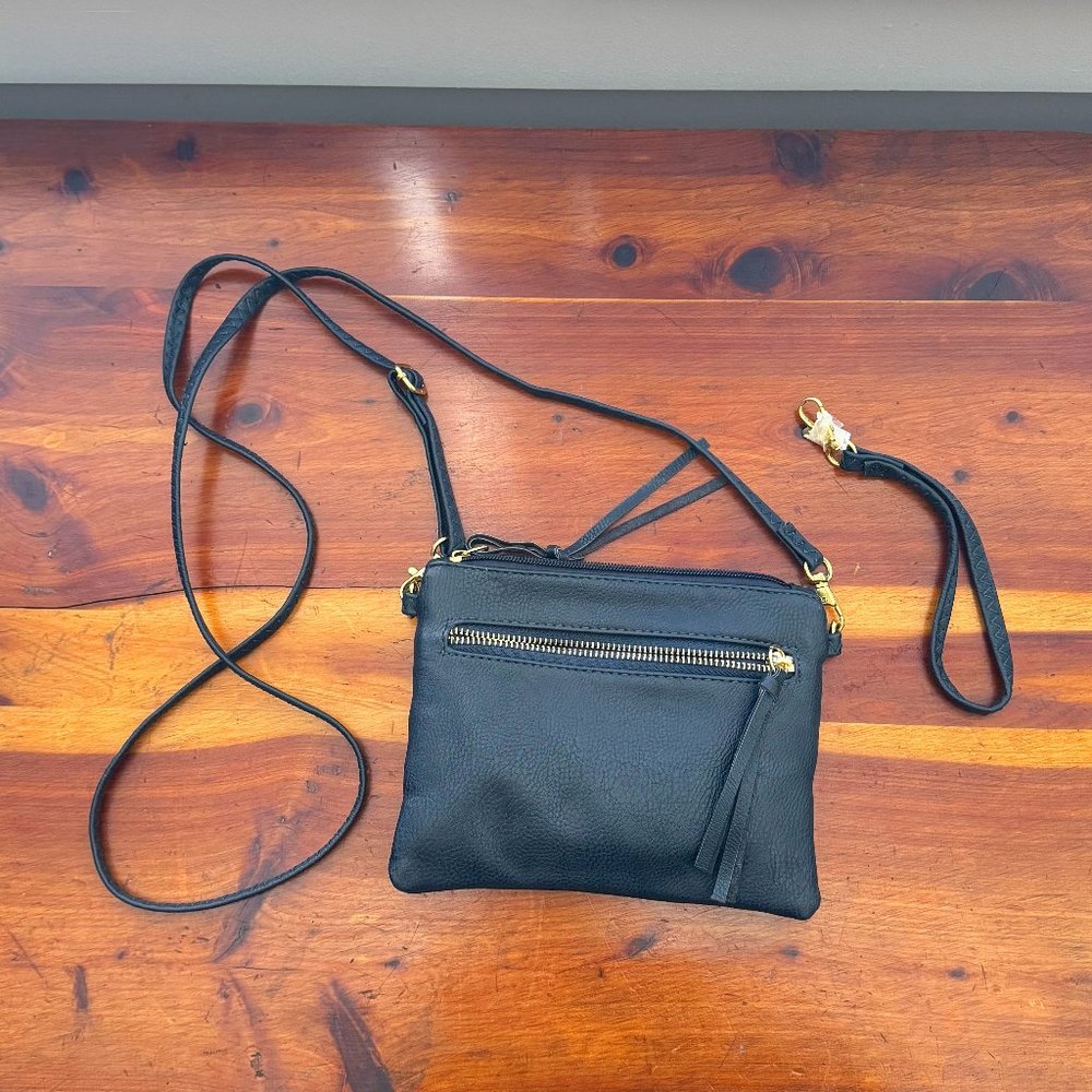 Genuine Italian Leather Black Crossbody / Wristlet Purse